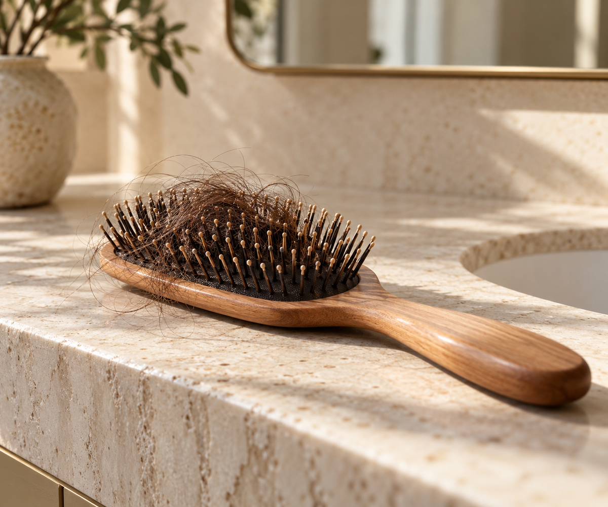 Ausgefallene Haare in einer Holzbürste auf dem Waschbecken im Badezimmer