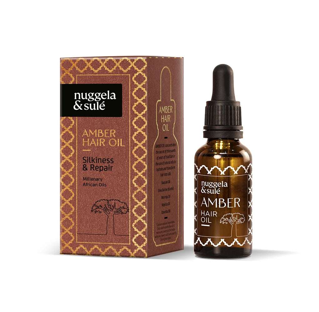Nuggela & Sulé Amber Haaröl 30 ml mit Pipettenflasche und Verpackung