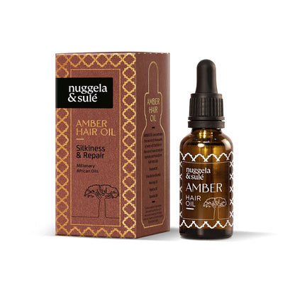 Nuggela & Sulé Amber Haaröl 30 ml mit Pipettenflasche und Verpackung