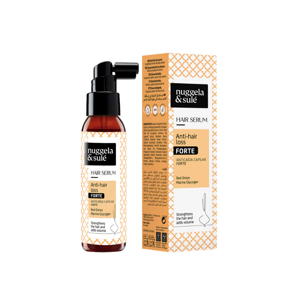 Nuggela & Sulé Anti-Hair Loss Serum Forte 70 ml mit Applikator und Verpackung auf weißem Hintergrund