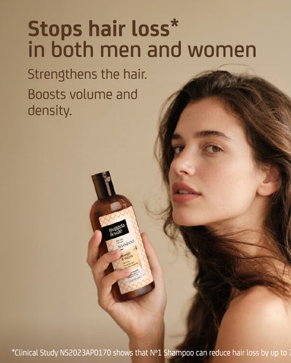 Frau mit Nuggela & Sulé Nº1 Shampoo und Hinweisen zu Haarstärkung, Volumen und Dichte